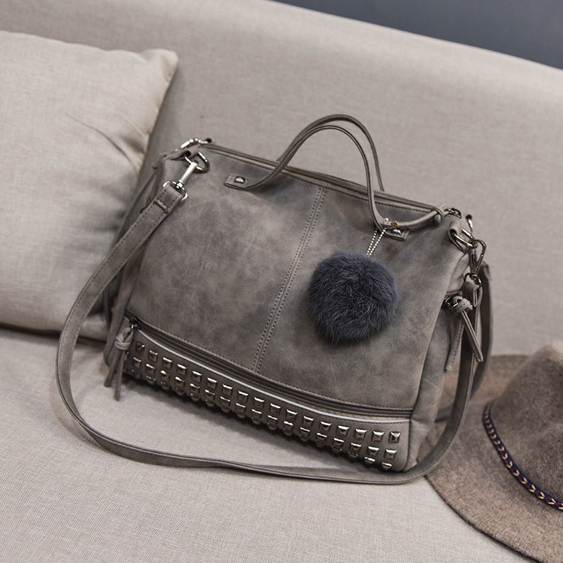Women's Frosted Fur Ball Motorcycle Big Rivet Women's Handbag