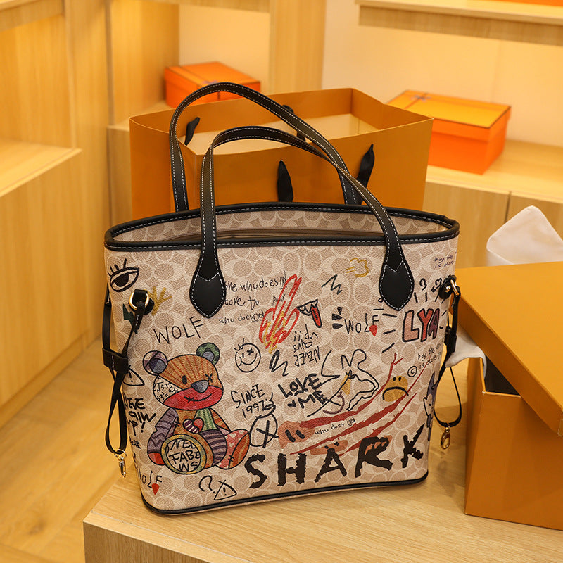 Women's Printed Bear Iti Versatile Large Capacity Handbags