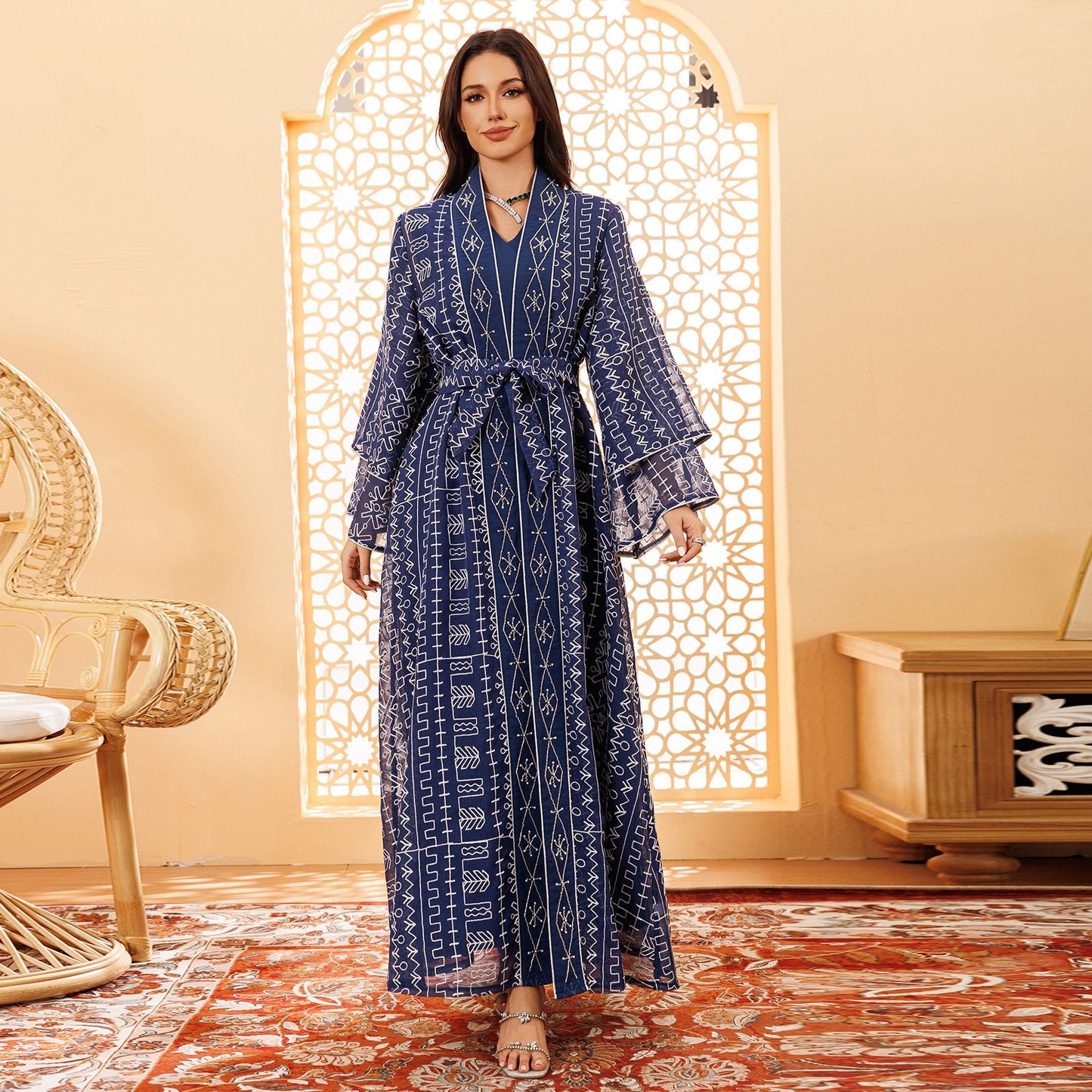 Muslim Robe Mesh Embroidery Saudi Dress Clothing