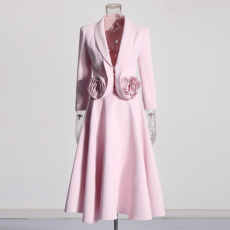 Women's Autumn Stitching Three-dimensional Rose Pleated High Suits