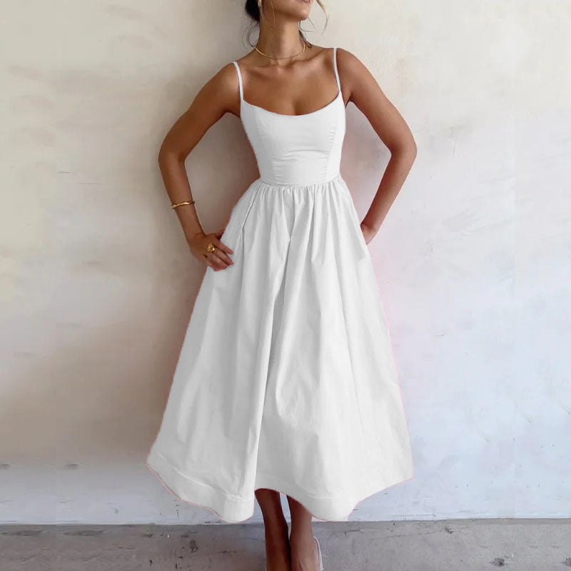 Women's Color Sexy Collar Fitted Waist Pleated Dresses