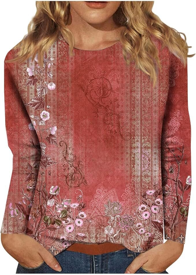 Women's Round Neck Long Sleeve Loose Print Blouses
