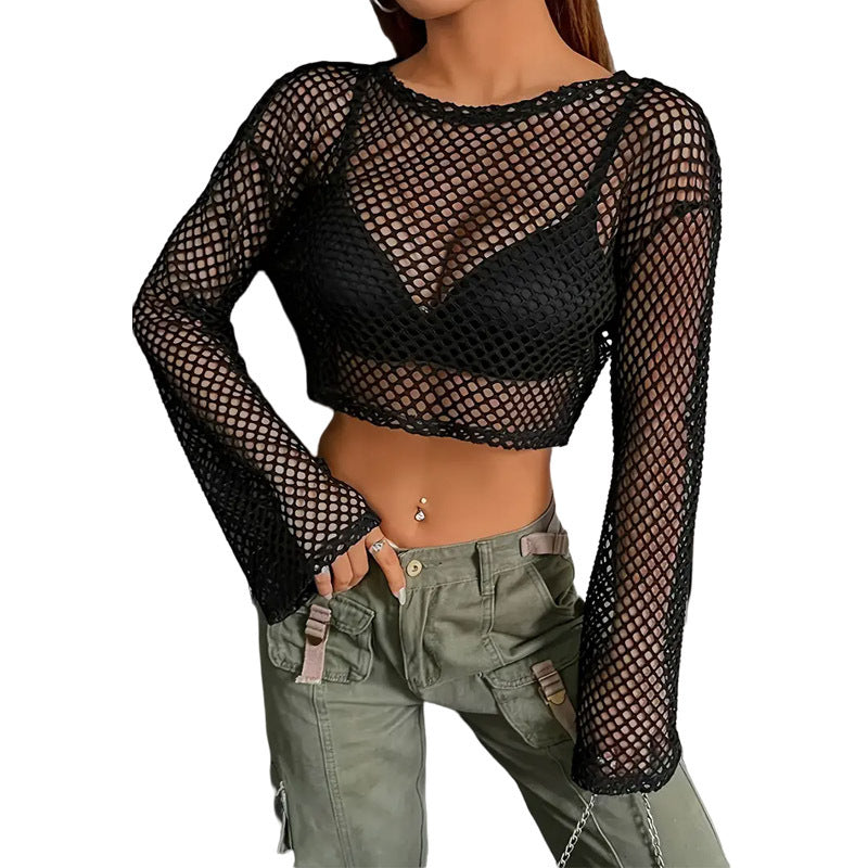 Women's Sports Leisure Mesh Shirt Transparent Fishnet Blouses