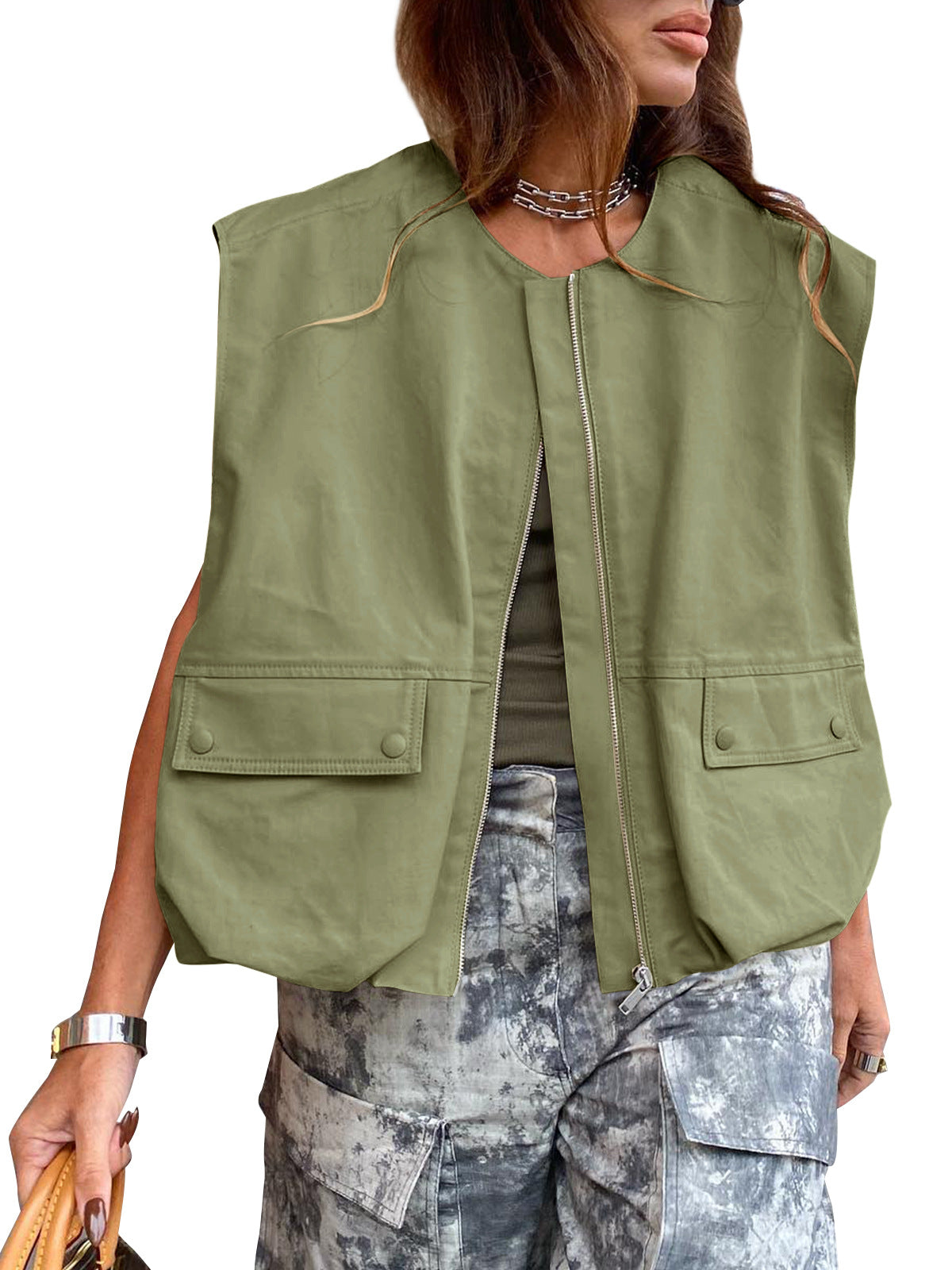 Women's Sleeveless Pocket Loose-fitting Waistcoat Solid Color Cardigans