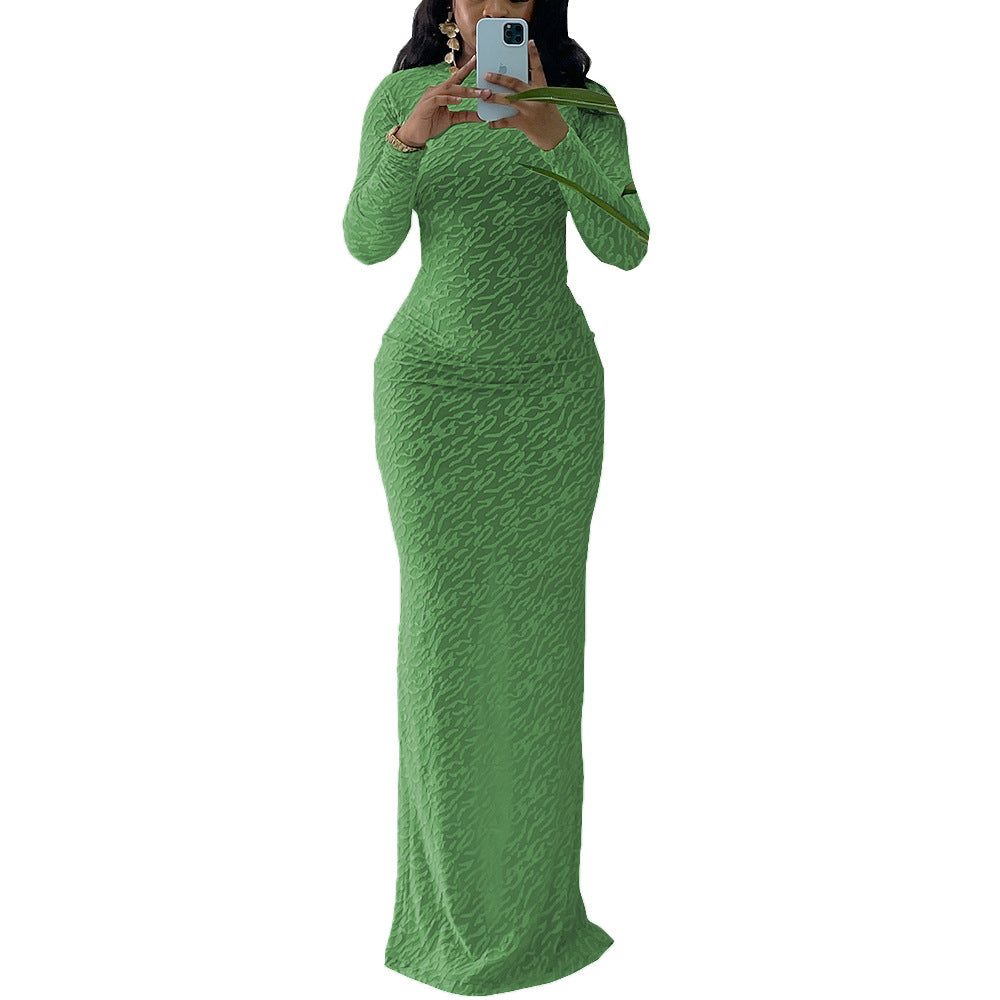 Women's Round Neck Long Sleeve Flocking Slim Dresses