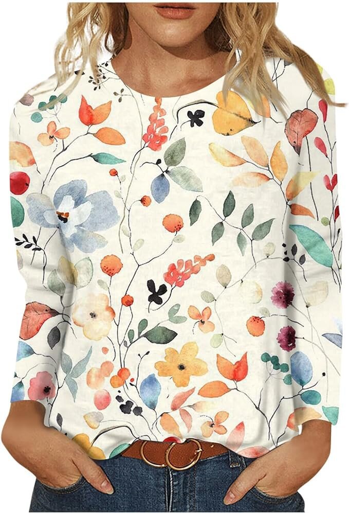 Women's Round Neck Long Sleeve Loose Print Blouses