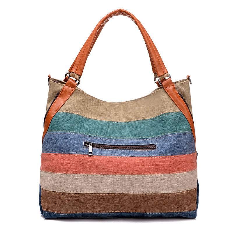 Women's Korean Style Preppy Canvas Contrast Color Striped Handbags