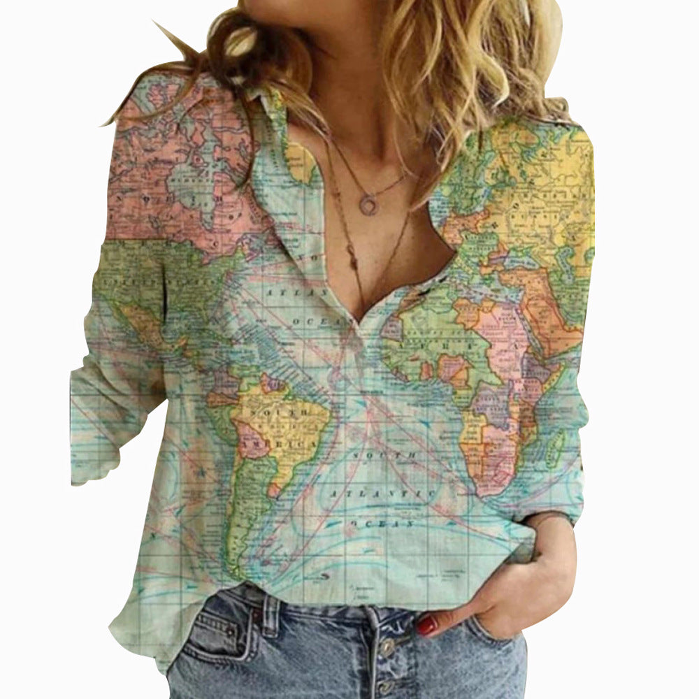 Women's Autumn Shirt Fashion Map Depicting Printed Blouses