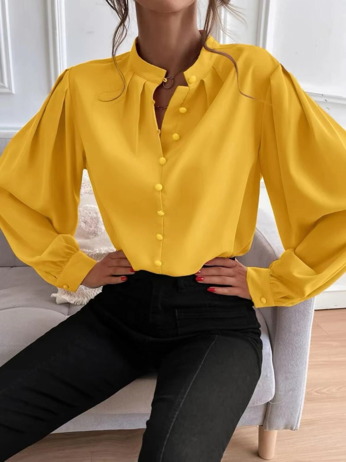 Women's Spring Elegant Solid Color Lapel Long Sleeve Blouses