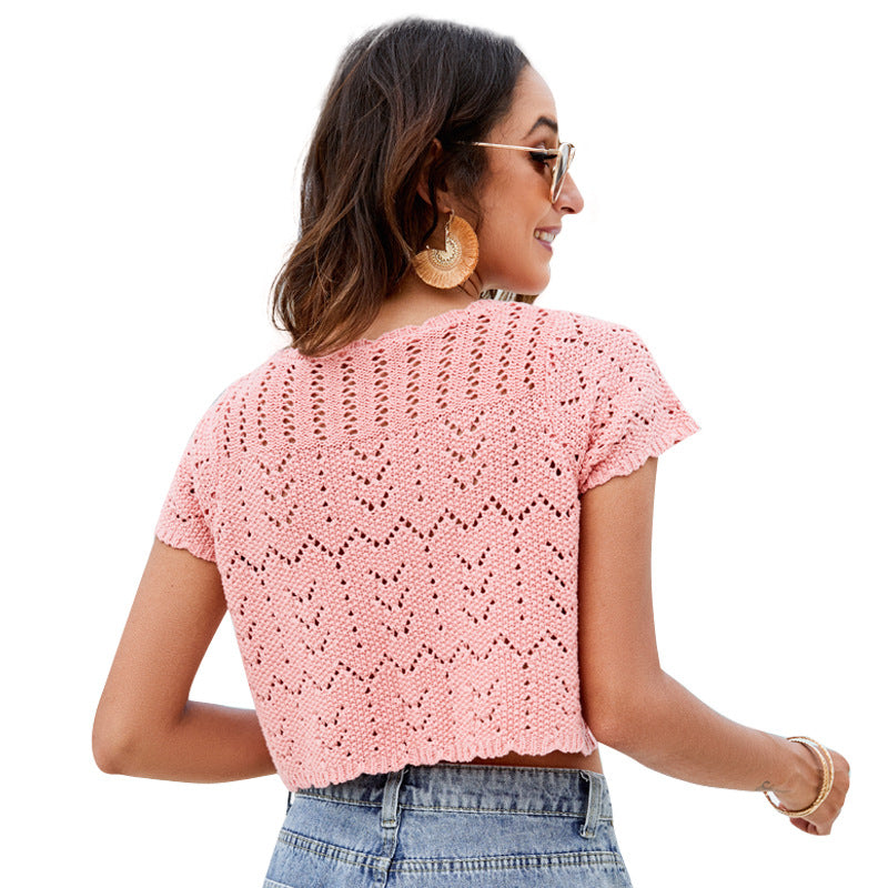 Sexy Navel Knitted Solid Color Short-sleeved Knitwear