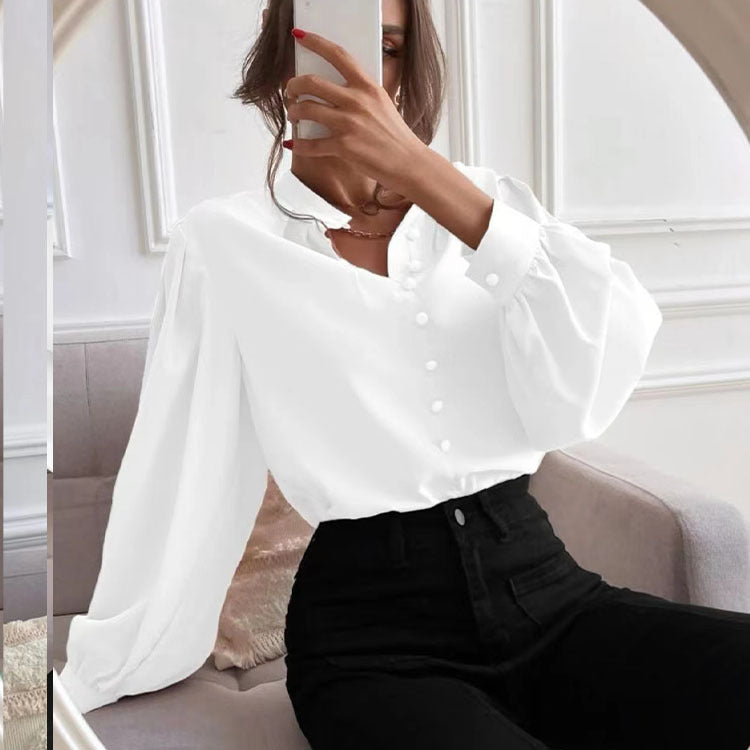 Women's Spring Elegant Solid Color Lapel Long Sleeve Blouses