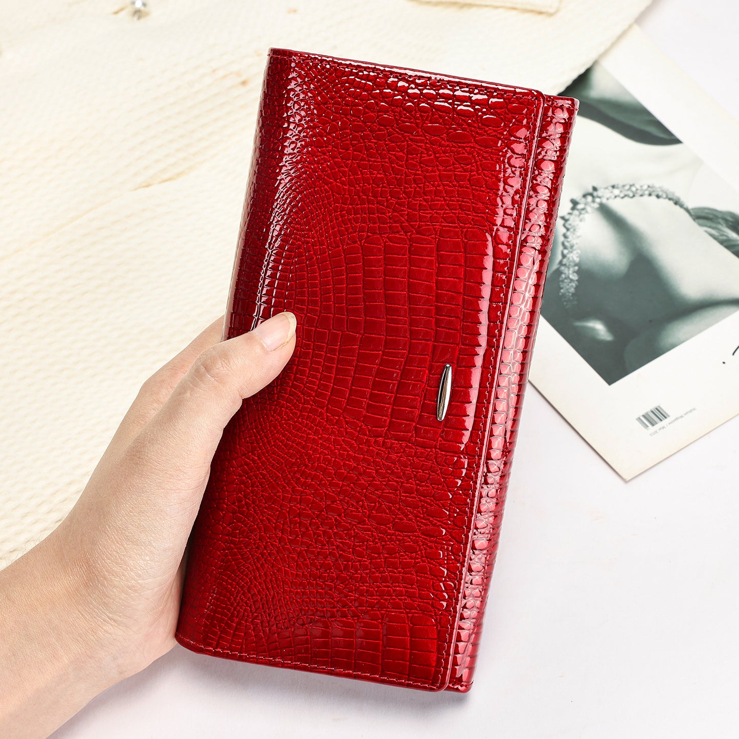Women's Genuine Leather Swiping Long Clutch Crocodile Ladies Wallets