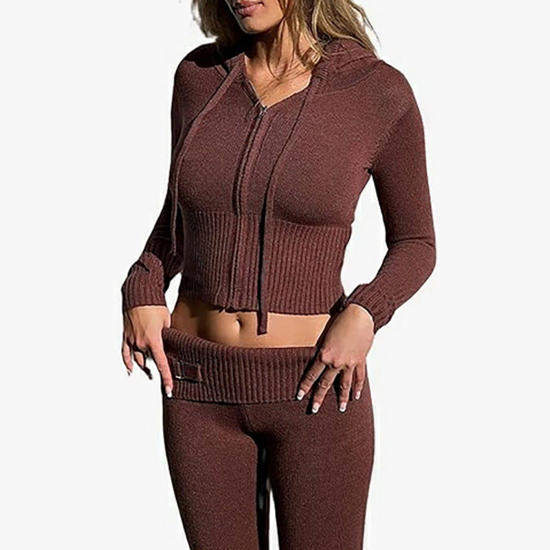 Women's Casual Knitting Hooded Knit Slim Two-piece Pants
