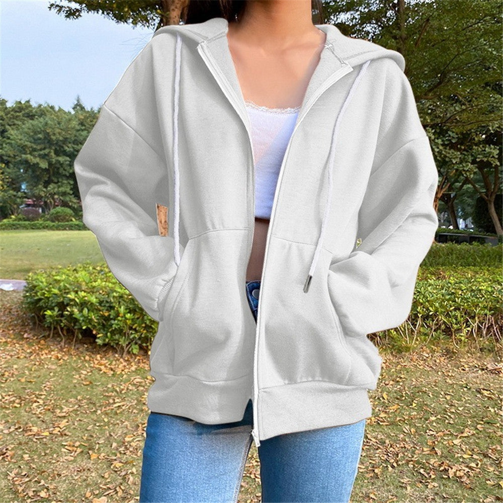 Women's Solid Color Hooded Fleece-lined Long-sleeved Loose Sweaters