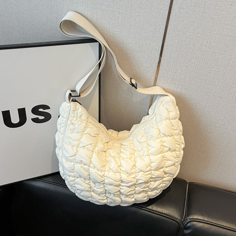 Women's Style Plaid Pleated Cloud Large Capacity Dumpling Soft Down Cotton Women's Shoulder Bag