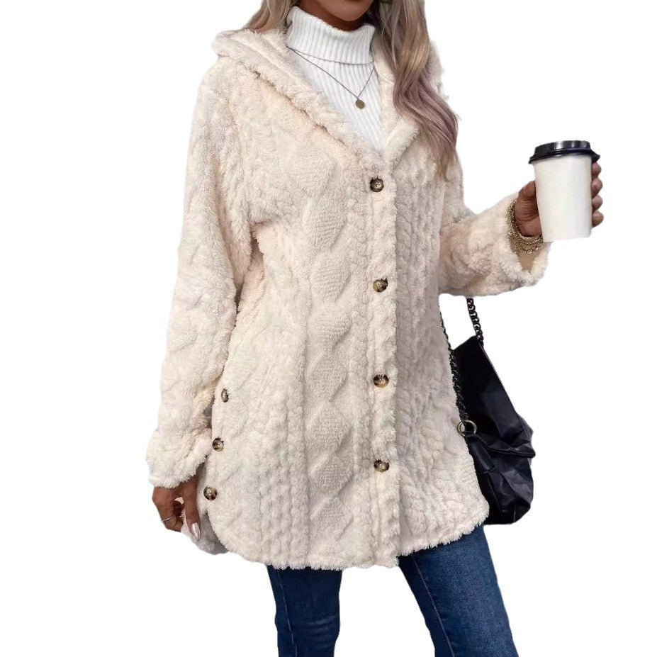 Hooded Solid Color Button Long Sleeve Sweaters