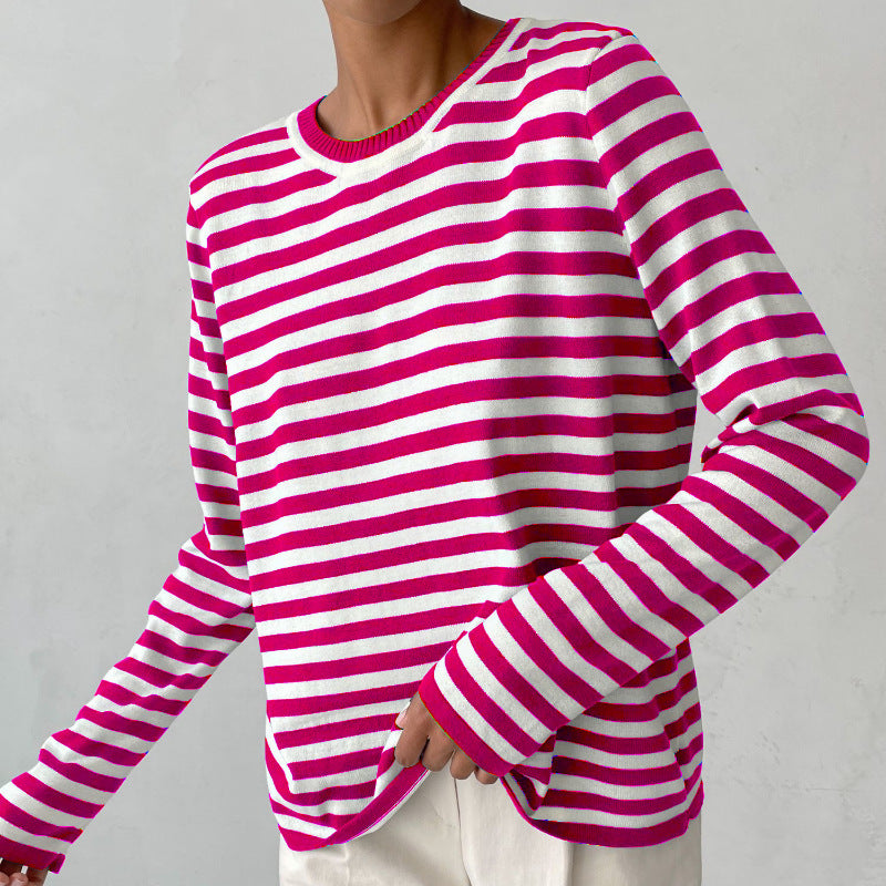 Women's Round Neck Knitted Striped Spring Versatile Sweaters