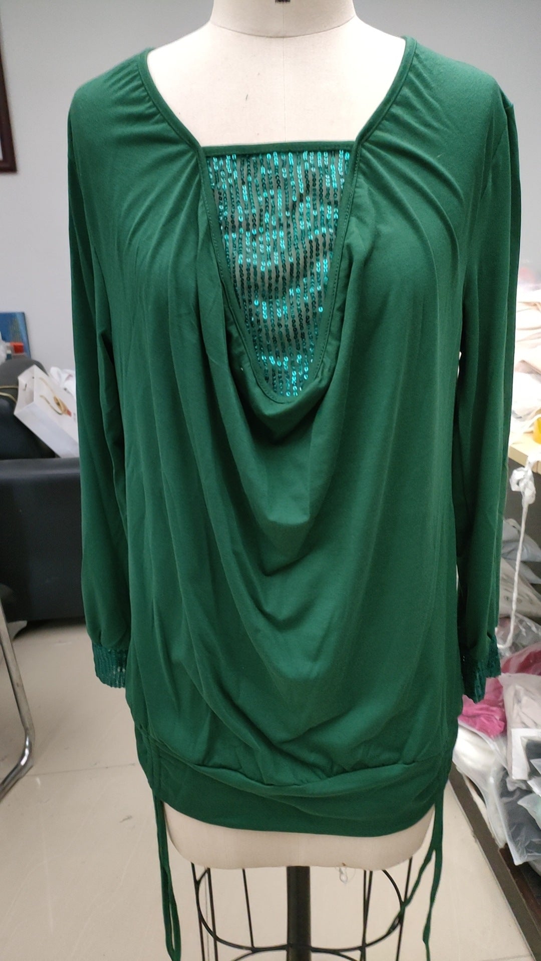 Pure Color Sequins Stitching Long-sleeved Elegant Blouses