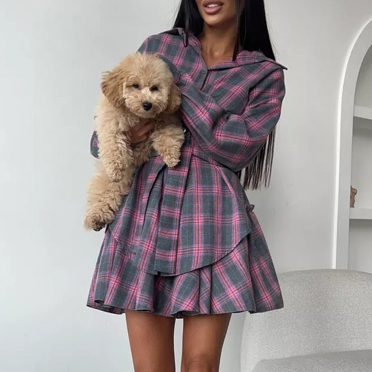 Women's Casual Check Lapel Loose Shirt Pleated Suits