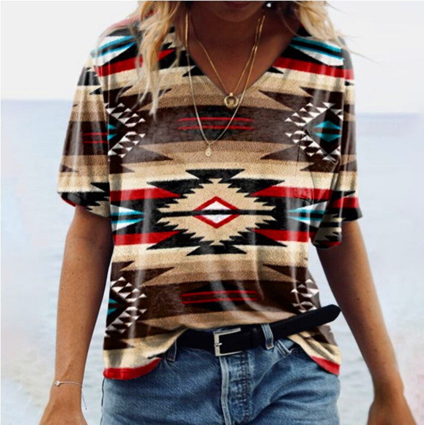 Women's Vintage Printing Family Geometric Pattern Sleeve Blouses