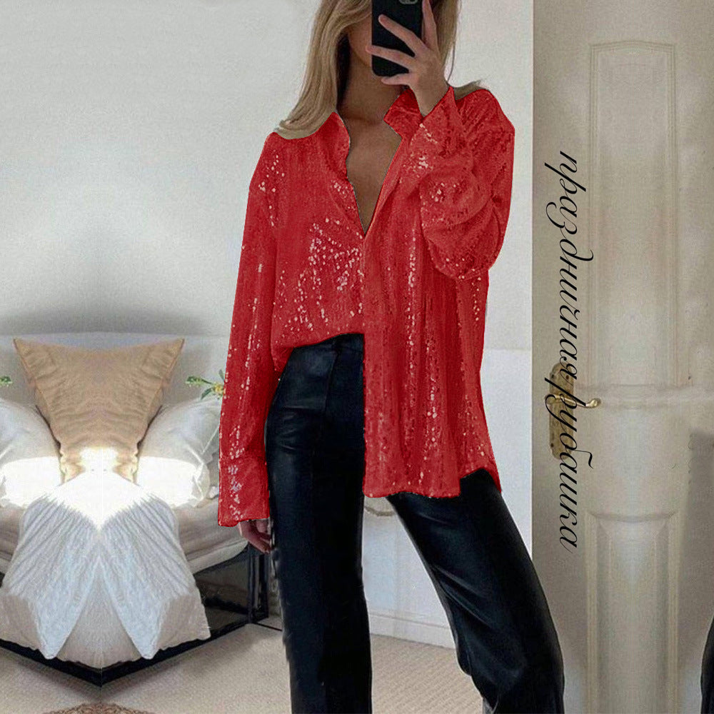 Women's Sequin Lapel Long Sleeve Sexy Shirt Blouses