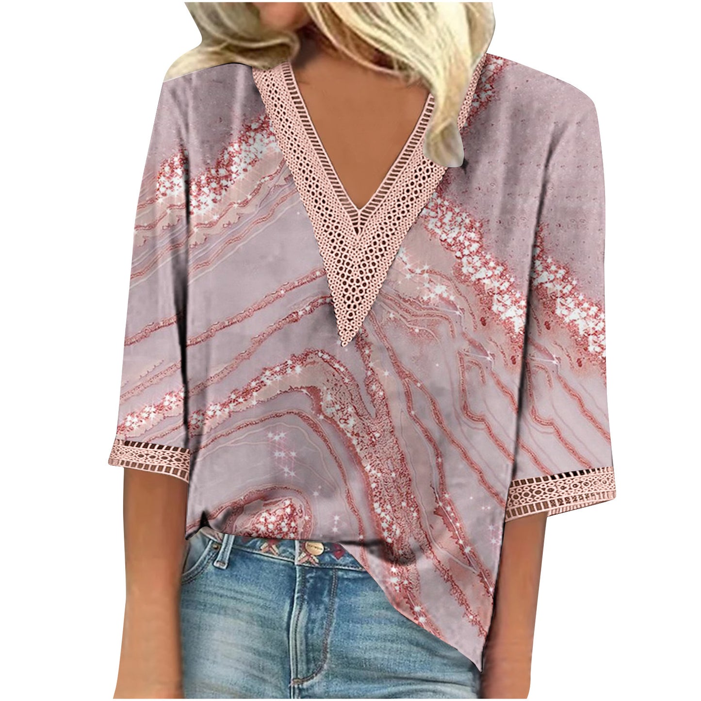 Women's Summer Printed Lace Stitching Sleeve T-shirt Blouses
