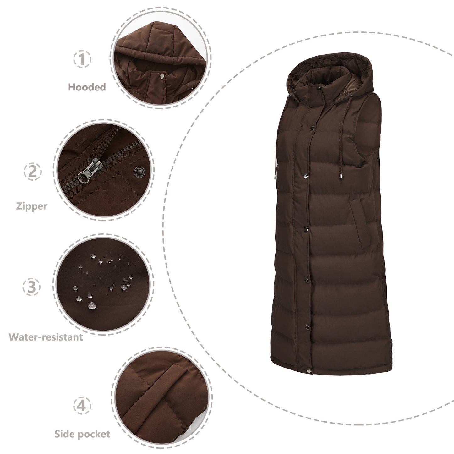 Women's Hooded Sleeveless Long Solid Color Zipper Vests