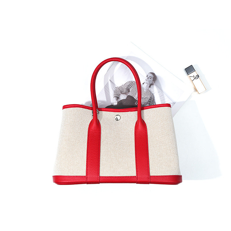 Women's Layer Cowhide Large Capacity Canvas Contrast Color Handbags