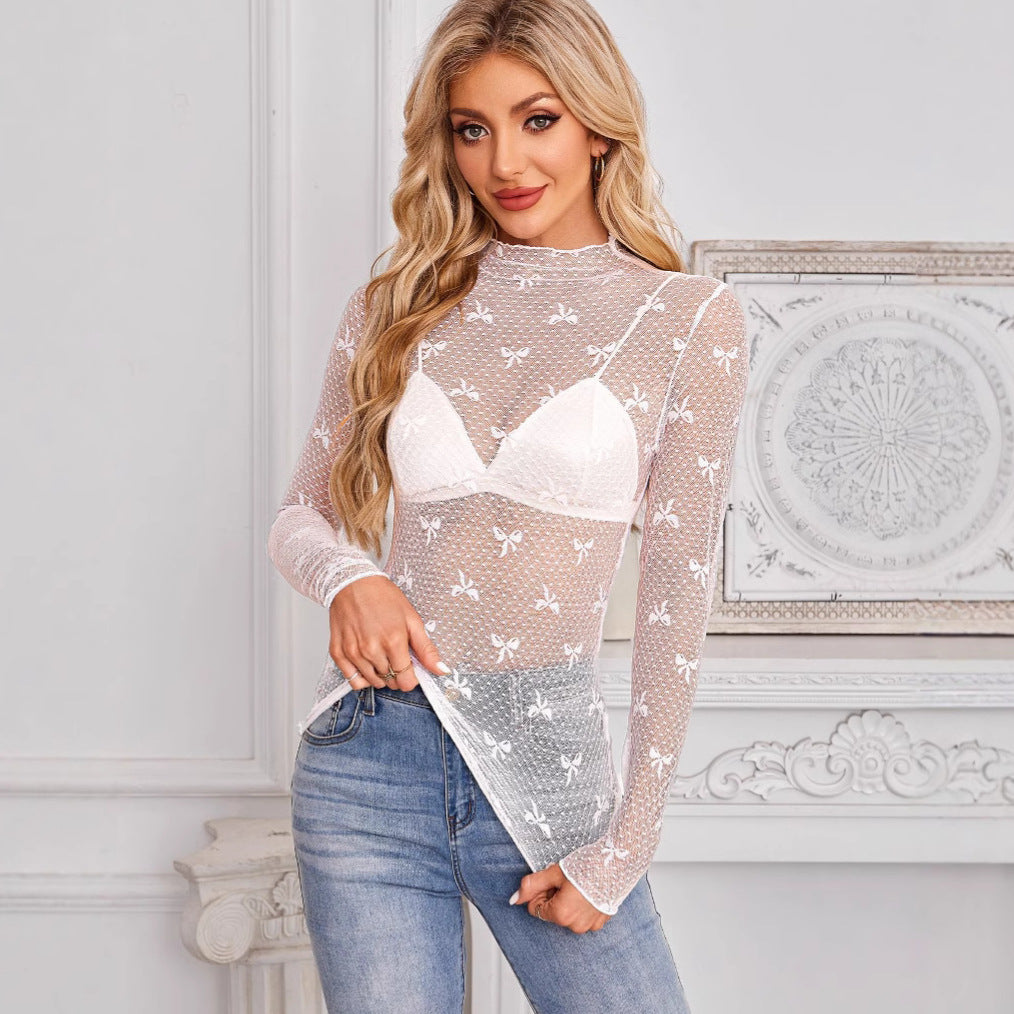 Innovative Lace Long-sleeved Bow Bottoming Shirt Blouses