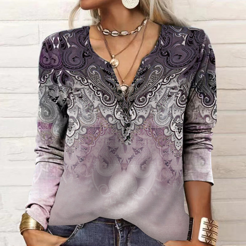 Women's Long-sleeved Printed Ethnic Fashion T-shirt Blouses