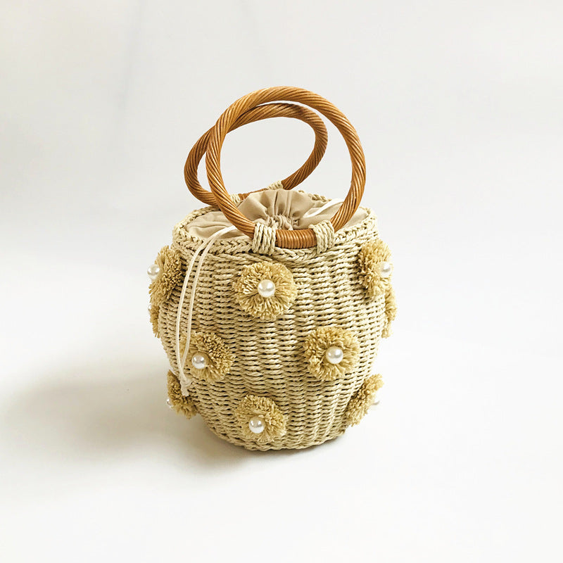 Women's Flower Artificial Pearl Decoration Portable Basket Handbags