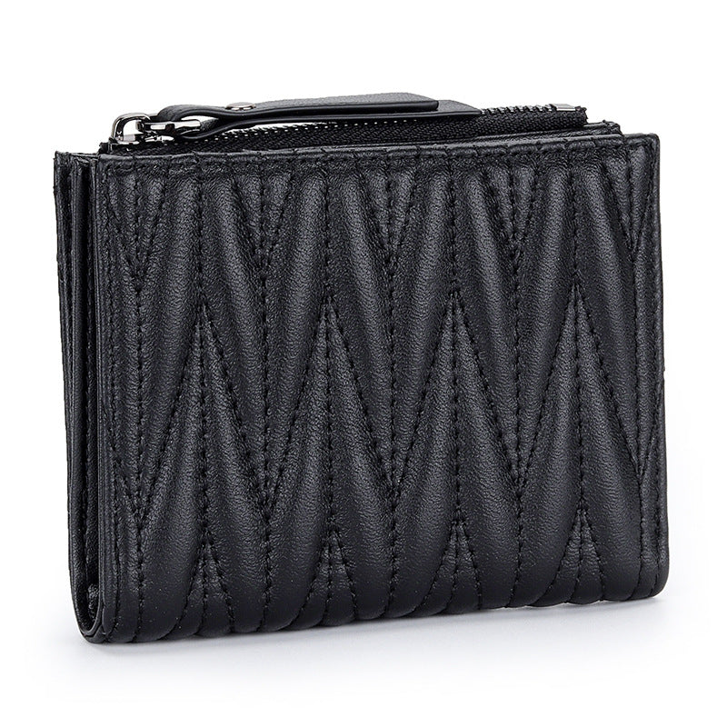 Women's Sheepskin Pleated Vertical Fashion Embroidery Short Ladies Wallets