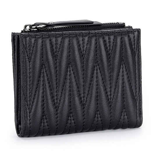 Women's Sheepskin Pleated Vertical Fashion Embroidery Short Ladies Wallets