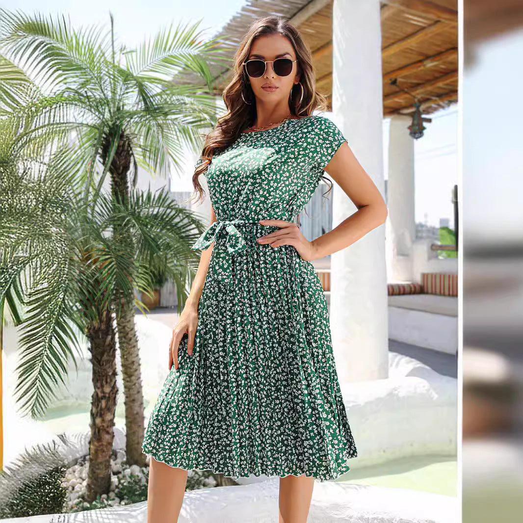 Slouchy Casual Sleeve Floral Print Pleated Dresses