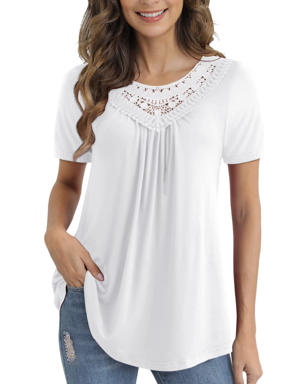 Women's Summer Sleeve Lace Pleated Shirt Waist Blouses