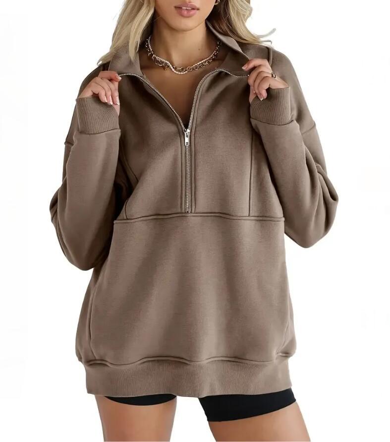 Women's Zipper Patchwork Pocket Brushed Hoody Loose Sweaters