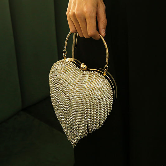 Women's Peach Heart Diamond Tassel Party Portable Evening Bags