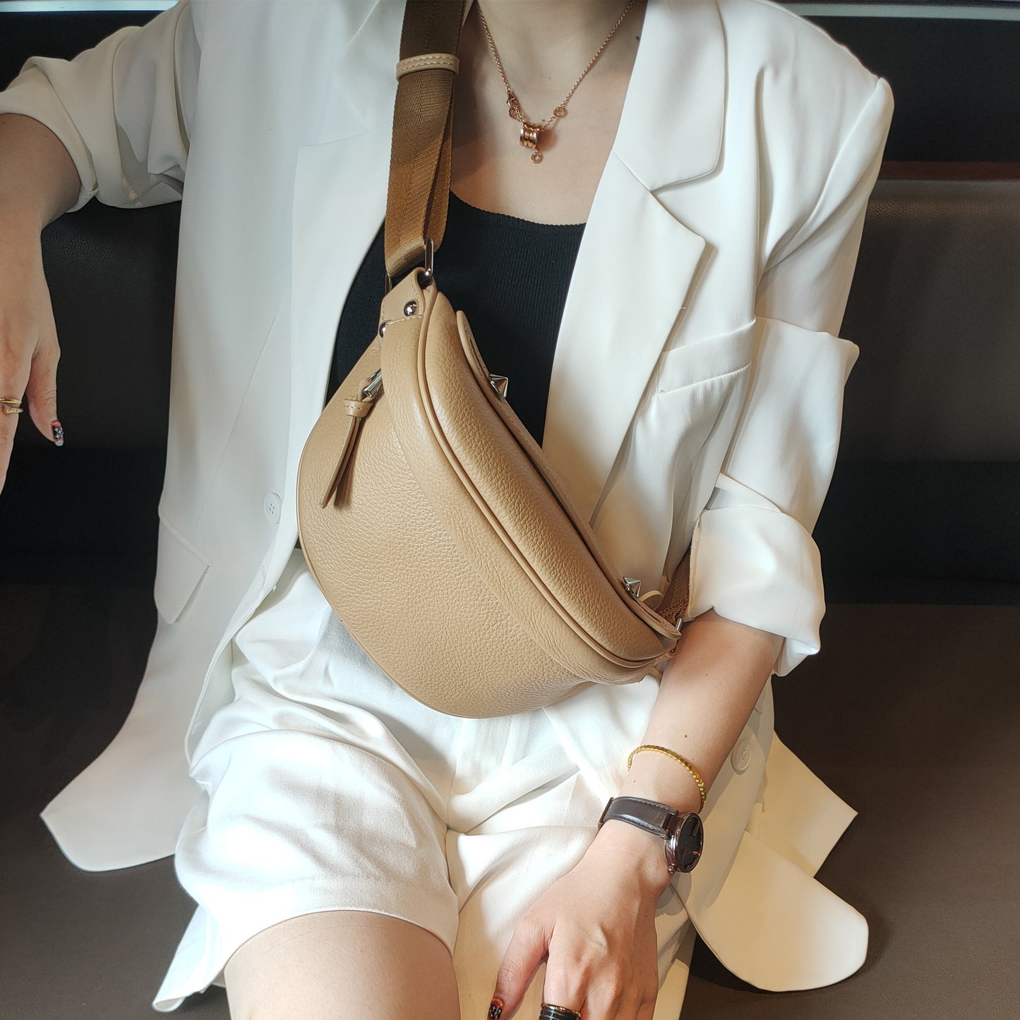 Women's Simple First Layer Cowhide Soft Disco Waist Packs