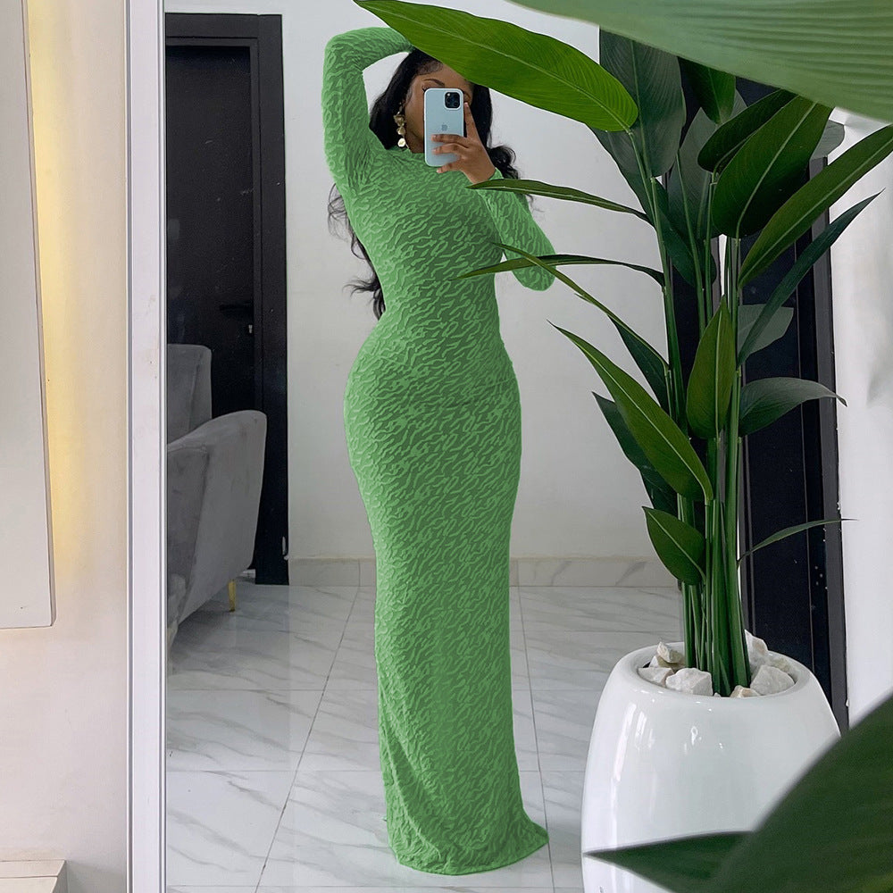 Women's Round Neck Long Sleeve Flocking Slim Dresses