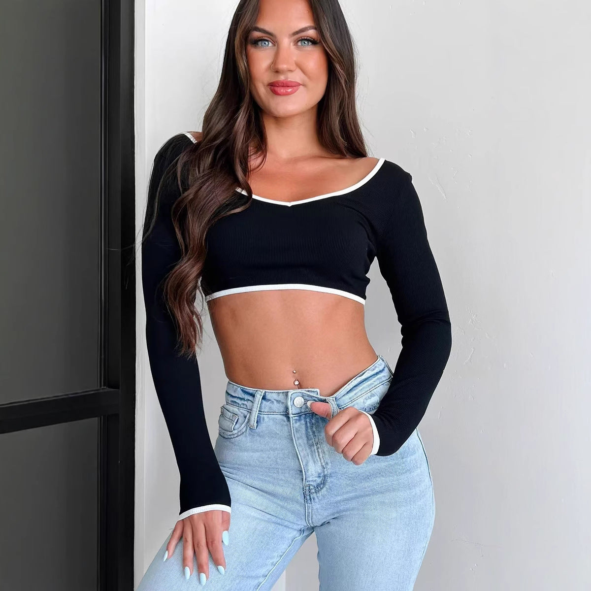 Beauty Back Long Sleeve Contrast Color High Knitwear