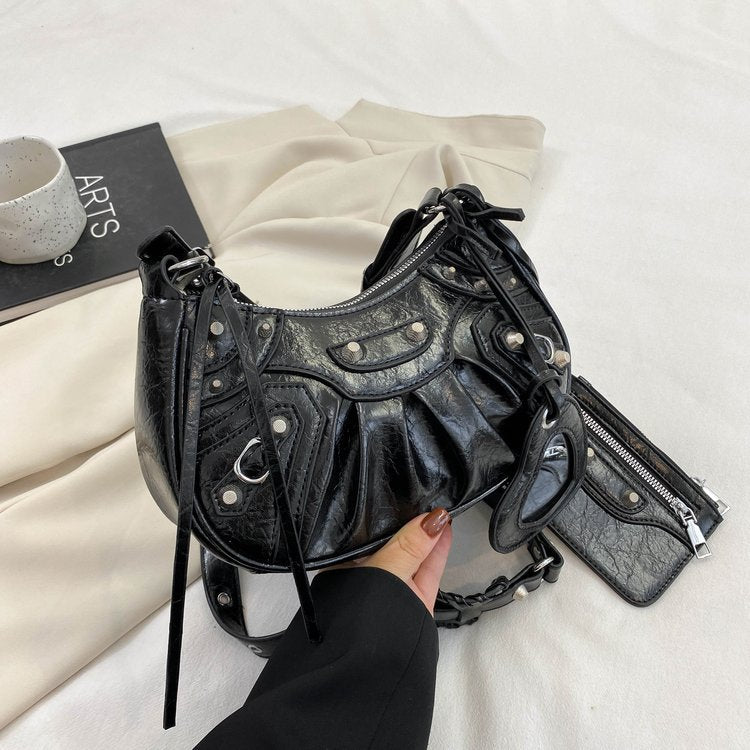 Women's Underarm Retro Rivet Motorcycle Pleated Crescent Crossbody Bags