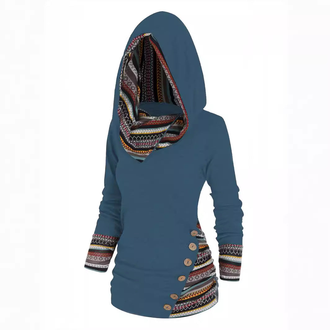 Women's Stitching Hooded Knitted Long Sleeve Button Casual Sweaters