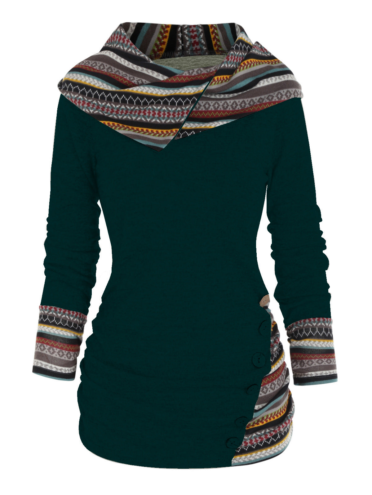 Women's Stitching Hooded Knitted Long Sleeve Button Casual Sweaters