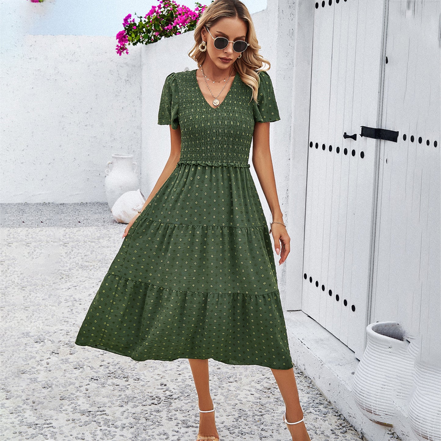 Women's Temperament Leisure Olive Solid Color Sleeve Dresses