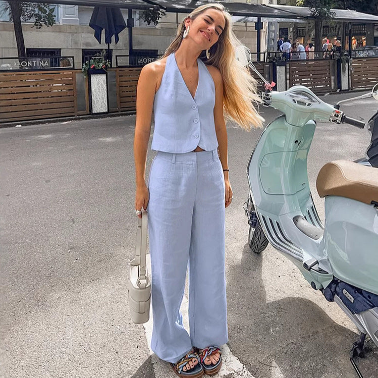 Women's Blue Cotton Linen Sleeveless Waistcoat Trousers Suits