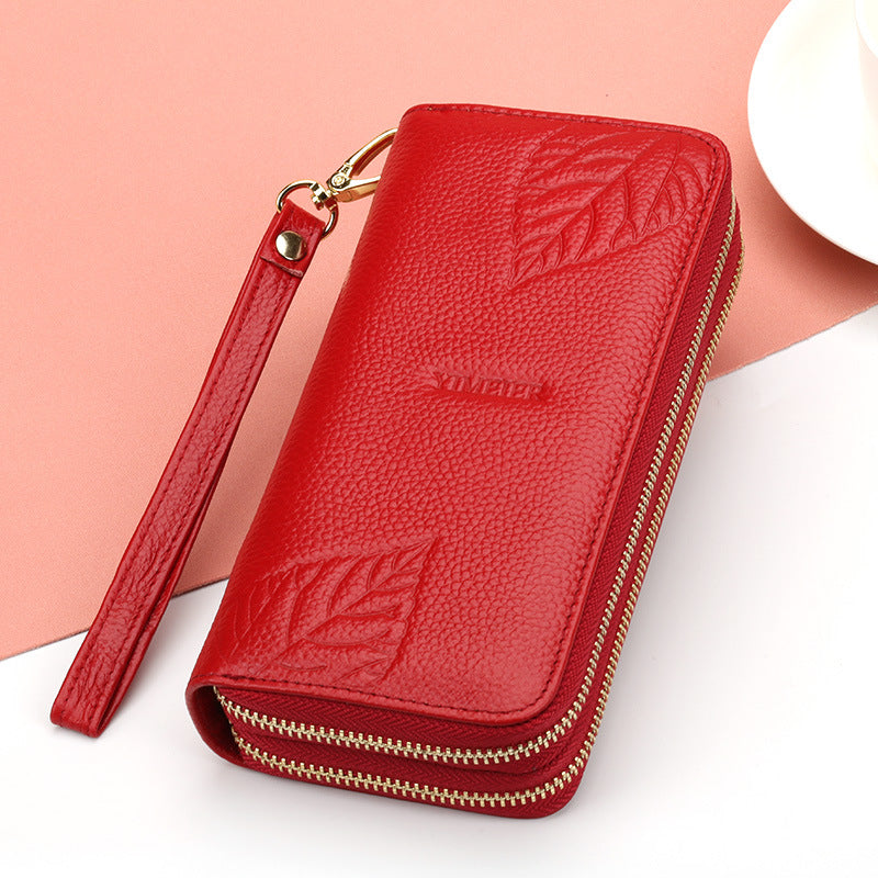 Women's Layer Cowhide Long Double Zipper Large Ladies Wallets