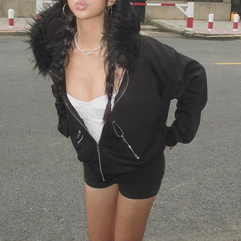 Women's Fur Collar Hooded Loose-fitting Casual Pullover Sweaters