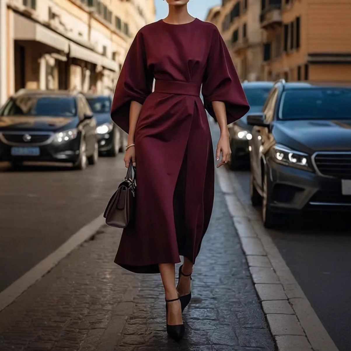 Women's Fashion Elegant Solid Color Waist Tight Dress Casual Dolman Dresses