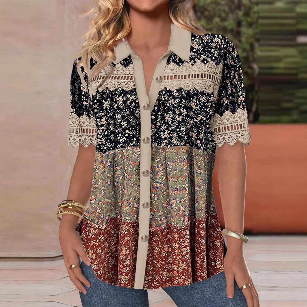 Women's Casual Shirt Collar Sleeve Regular Digital Blouses
