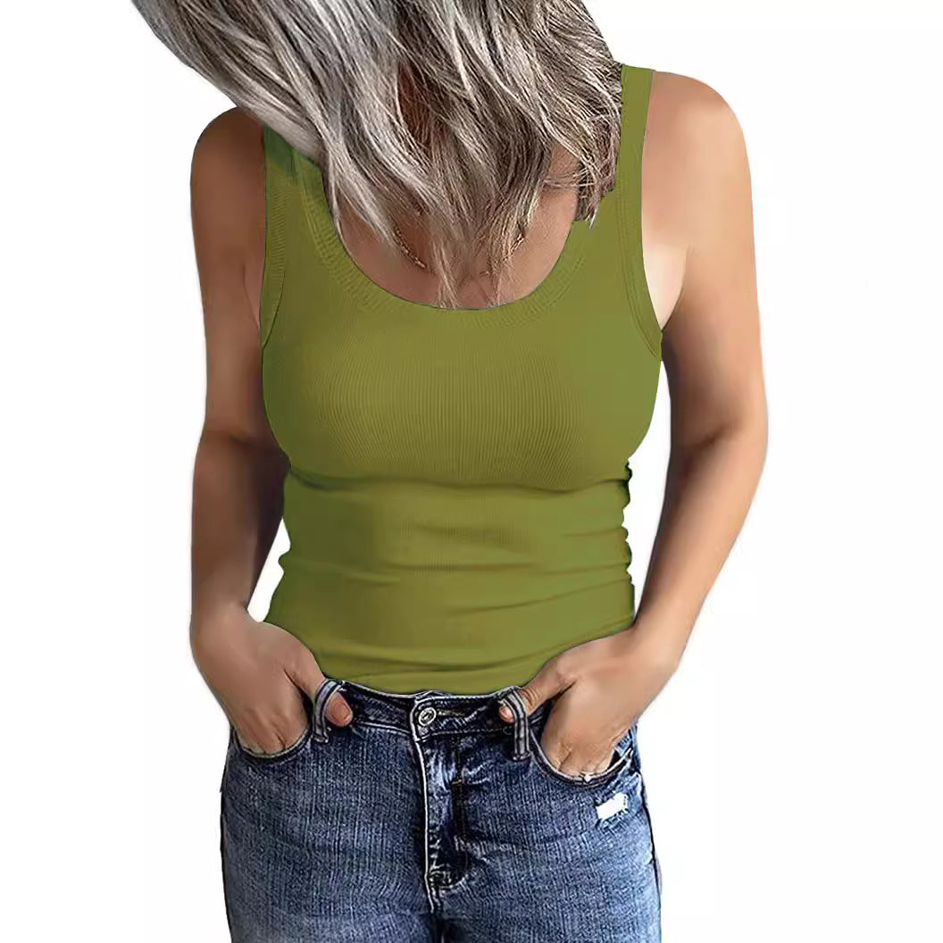 Women's Sleeveless Low Round Neck Ribbed Slim Tops